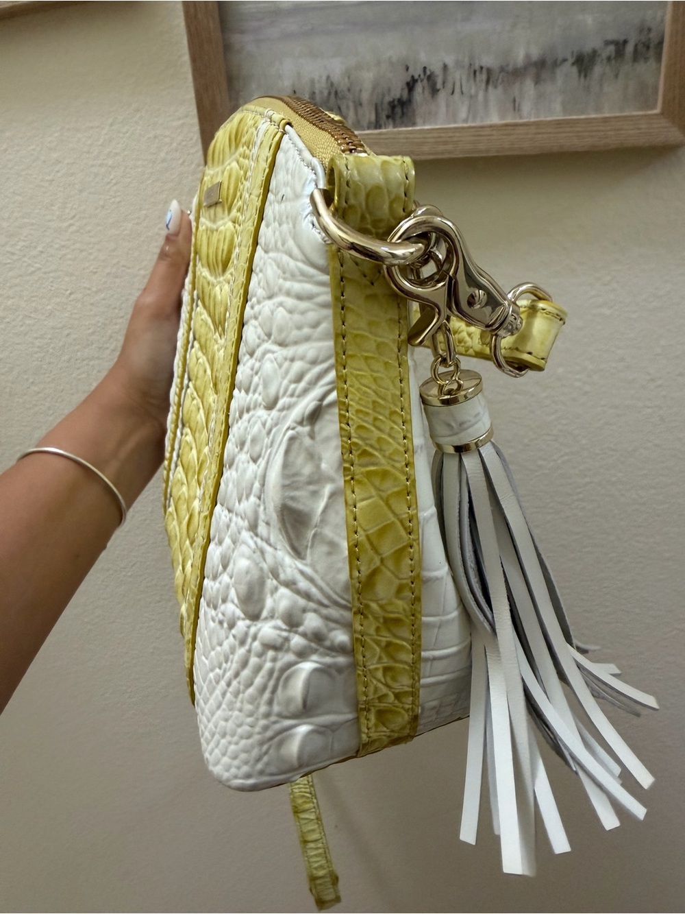 Brahmin Yellow and White Croc-Embossed Crossbody with Tassel - Picture 5 of 10